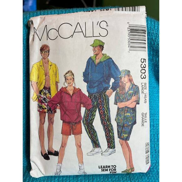 McCalls Sewing pattern 5303 unisex button down top hoodie pants shorts - Picture 1 of 5